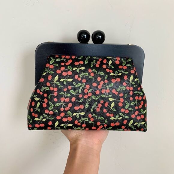 Handmade Genuine Leather Cherry Print Wooden Frame Bag/Crossbody & Small Purse - Picture 3 of 16